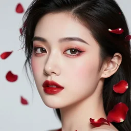 studio portrait absurdly beautiful, elegant, graceful, young hypercolorful contrast black gravure idol rubies and red petals, ultrafine hyperrealistic detailed face illustration by kim jung gi, irakli nadar, intricate linework, sharp focus, bright colors, matte, octopath traveler, final fantasy, unreal engine highly rendered, global illumination, radiant light, intricate environment