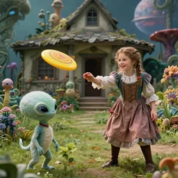 detailed, sharp, a boy and a girl playing frisbee with their cute pet humanoid alien creature, wearing 1850s era clothes, all smiling, in the garden of a house on an alien planet with strange alien plants and flowers growing, extremely highly detailed, in focus faces, 70 mm film still from a blockbuster period sci fi color movie, 4k, HD, cinematic lighting