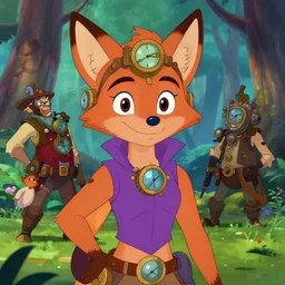 don bluth, loish, artgerm, joshua middleton, steampunk, clockpunk anthropomorphic fox girl, purple vest, smiling, symmetrical eyes symmetrical face, colorful animation forest background