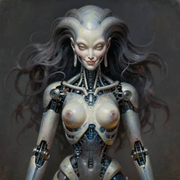 perfectly centered portrait, front view of a beautiful biomechanical alien android robot buddha, female, flowing hair, intense stare, sarcastic smile, symmetrical, concept art, intricate detail, volumetric shadows and lighting, realistic oil painting by alex grey and gustave dore,