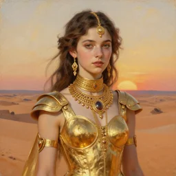 a young dejah thoris on mars wearing a plated gold dress, after a battle, closeup portrait, intricate gold jewelry, sand dunes to the horizon, sunset, oil painting on canvas, sargent