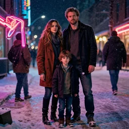 winter, wearing boots colin farrell with jessica alba girl, with their son, neon light, painting by gaston bussiere, craig mullins, j. c. leyendecker