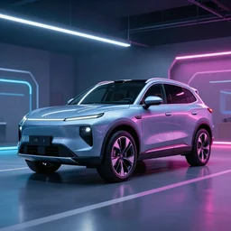 An ultra high-resolution 8K full-canvas scan of a futuristic SUV with neon lights, fine art, trending, featured, 8k, photorealistic, dynamic, energetic, lively perspective, well-designed masterpiece, hyper detailed, unreal engine 5, IMAX quality, cinematic, epic lighting, light and shadow, ocean caustics, digital painting overlaid with aizome patterns, by Ohara Koson and Thomas Kinkade, traditional Japanese colors, superior quality