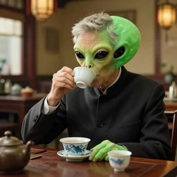 carl sagan, green alien, drinking tea in a chinese tea house