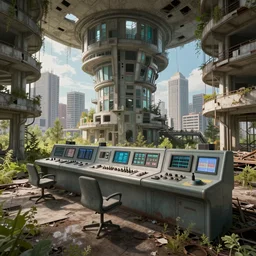 a beautiful detailed highly detailed architecture city urbex abandoned unfinished building control room by mike winkelmann, synthwave biopunk at spring nature, archdaily, wallpaper, highly detailed, trending on artstation.