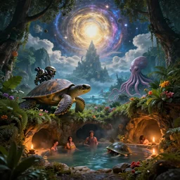 fantasy fairytale story, great leviathan turtle, reptilian cyborg, cephalopod, squid terrapin, cthulhu, mysterious island, center universe, hybrid, intense fantasy atmospheric lighting, hyper realistic, jessica rossier, michael cheval, michael whelan, cozy, hot springs hidden cave, forest, candlelight, natural light, lush plants and flowers, spectacular mountains, bright clouds, luminous stellar sky, outer celestial worlds, golden dapple lighting, unreal engine, hd,