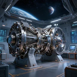 interior of engine room on a starship,, star - field and planet in the background, engine room, digital art, highly detailed, trending on artstation, octane render sci - fi