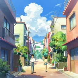 A colourful ultradetailed anime illustration of a colorful residental street in Tokyo by beeple, makoto shinkai, thomas kinkade, anime art wallpaper 4k, trending on artstation, anime, sunlight through cumulus, 4K