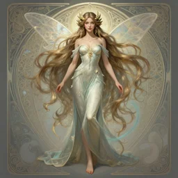 beautiful female fairy, full body shot, long hair, d & d, fantasy, ethereal background, intricate, elegant, highly detailed, digital painting, artstation, concept art, matte, sharp focus, illustration, hearthstone, art by artgerm and greg rutkowski and alphonse mucha