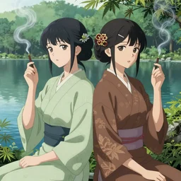 two lesbian girls smoking hemp in front of a lake in the style of anime, pixiv, intricate, elegant, highly detailed, lush, stylized, japanese, smooth