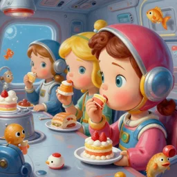 closeup profile portrait of tin toy space girls eating cakes in a retro spacecraft, nicoletta ceccoli, mark ryden, lostfish, max fleischer, hyper realistic, artstation, illustration, digital paint, matte paint, vivid colors, bright, cheerful, detailed and intricate environment