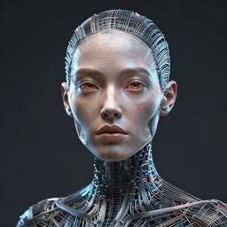 a realistic detailed portrait of a woman made of wires, single face, science fiction, artstation, volumetric lighting, octane render,