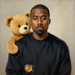 A renaissance painting of Kanye West with a anthropomorphic Teddy Bear mascot, portrait, album cover,