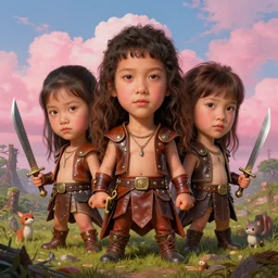, oversized head a full - body portrait of 5 little cuties tai warlord with 3 times oversized head wearing leather costumes and holding his bronze dagger in an overgrown battlefield, skies with pink fluffy clouds, small forest creatures. artwork by mark ryden and jasmine becket - griffith, 4 k insane detail, pop surrealism