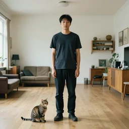 a full body portrait of a man standing in a wide room. 1 meter to his left sits a cat