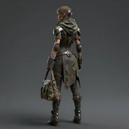 an intricate concept art of an dystopian woman nomad with bag standing, post - apocalyptic, back - view, full body shot, digital art, style by ivan talavera and artgerm and wlop, hyper realistic, photorealistic, octane render, trending on artstation, cgsociety, cinematic light