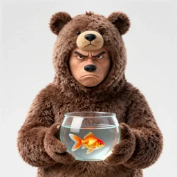a grumpy human man in a bear costume, holding a goldfish inside a bowl. watercolour with pencil, in the style of beatrix potter.