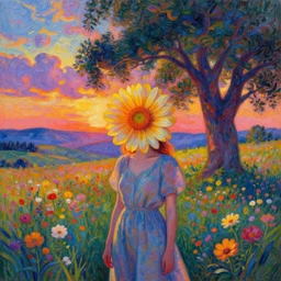 girl with a big flower as a face, surreal photography, dream, standing in flower field, hills, big trees, sunrise dramatic light, impressionist painting, colorful clouds, digital painting, pointillism, artstation, simon stalenhag, flower face