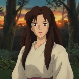portrait of woman, forest background, long brown hair, cloth, princess mononoke, 4 k, greg rutkowski, high detail, dramatic lighting, sunset, hayao miyazaki, masashi ando, nizou yamamoto, kazuo oga, joe hisaishi, yoji takeshige, naoya tanaka