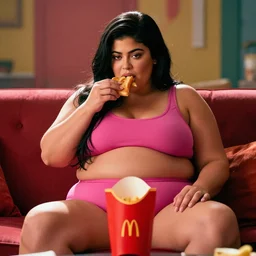 film still of obese 3 0 0 - pound kylie jenner seated in a sofa eating mcdonald's, vibrant high contrast, octane, arney freytag, cinematic, portrait, backlit, rim lighting, 8 k