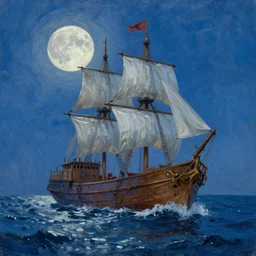 a wooden ship in a storm in the ocean, full moon, blue light, oil painting