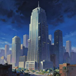 city in the style of cyberpunk, singular gigantic building focus, space sky, anime illustration, oil painting