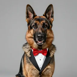 german shepherd wearing a tuxedo with a red bow tie, digital art, highly detailed,