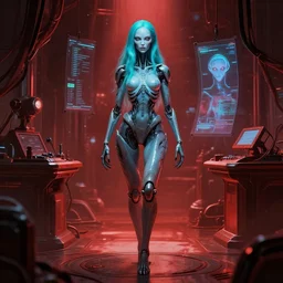 style of h. r. giger, kang shan wok : : fantasy art scene : : award - winning : : biomechanical pale blue - skinned alien woman hologram, cyan hair : : red dark futuristic lab