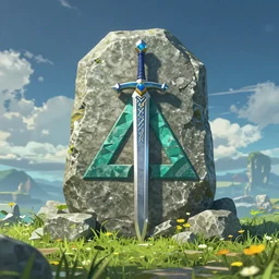 legend of zelda master sword in a stone, triforce logo on the stone, wide angle view