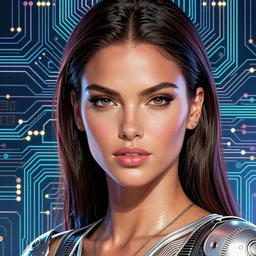 the face of beautiful, elegant, polished, enticing adriana lima made of circuitry, an ultrafine hyperrealistic illustration by kim jung gi, irakli nadar, intricate linework, bright colors, final fantasy, unreal 5, global illumination, radiant light, intricate environment, subsurface scattering