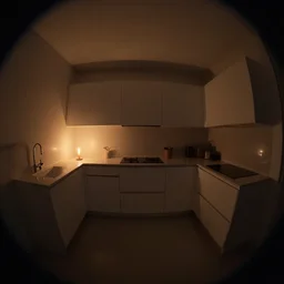 minimalistic kitchen dim lit by a candle simon stalenhag gerald brom, fisheye camera, extreme perspective