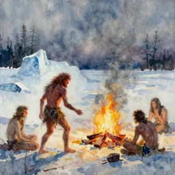 abstract watercolor painting of prehistoric caveman, icescape, fire hearth, desolation, paint brush strokes,, art by hans dahl, jesper ejsing, anders zorn, greg rutkowski, greg manchess, wonderful masterpiece, cinematic light, american romanticism