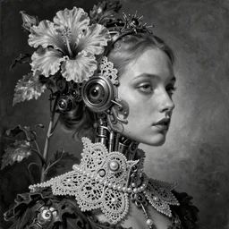 monochrome profile portrait painting, dutch masters, silver lace floral steampunk biomechanical beautiful one techno eye young female cyborg, big monocular, volumetric light, leaves foliage and stems, hibiscus flowers, alexander mcqueen, rim light, big gothic fashion pearl embroidered collar, 8 k