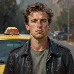 realistic portrait of travis bickle from taxi driver, trending on artstation, low angle oil painting and composition laws, cinematic lighting, hyperdetailed, cgsociety, 8 k