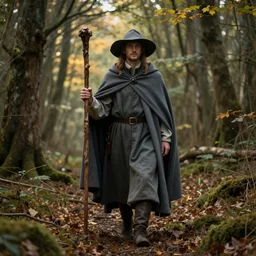 a man in a grey cloak and brimmed hat with a staff travelling trough the forest in the style of neo-romanticism
