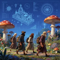 group of mushroomfolk merchant nomads walking through a psychedelic landscape, in the style of Greg Broadmore and Arthur Rackham and Moebius, trending on artstation, light lighting side view,digital art,surrealism ,macro,blueprint ,vaporwave ,