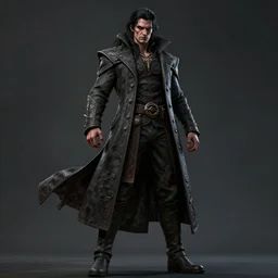 full body shot of an intimidating male dhampir in the style of Pathfinder by Cushart Krenz and Artgerm , long coat, long dark hair, red eyes, low angle shot, highly detailed, trending on artstation, cgsociety, 4k, 8k, HDR, octane render, unreal engine