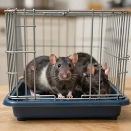 rats in a cage in kitchen,