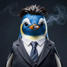 selfie of a groovy penguin in a suit, blue penguin, hair, godfather, symmetrical, dark background, smoke, realistic, highly detailed, trending on artstation, in unreal engine,