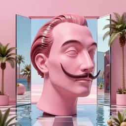 hyperrealistic random objects in a surreal minimalistic dreamscape environment by salvador dali, enormous pink mannequin head statue, highly detailed, 3 d render, vray, octane, beautiful lighting, photorealistic, intricate, elegant, wayne barlowe, water, mirrors, doorway, beautiful, masterpiece, trending on artstation, artgerm, checkered floor, palm tree