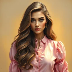 epic painting drawing, full figure portrait of beautiful supermodel wearing pastel gradient blouse, long wavy hair, photography by amy leibowitz, wlop, jeremy lipkin, beeple, intricate, symmetrical front portrait, artgerm, golden glowing background