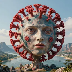 2 0 7 7 virus flower, long shot on riverside and mountains by hr giger, rutkowski, james jean and erik jones and rhads, beutiful details, ultradetailed, prefect face, photorealistic details, feroflex, 3 d octane render, colossal scale, trending artstation