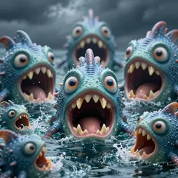 of a dark and stormy ocean with large strange water creatures with big eyes, big mouth and big teeth appearing from the water, in the style of Gaudi, macro lens, shallow depth of field, highly detailed, digital painting, trending artstation, concept art, illustration, cinematic lighting, vibrant colors, photorealism, epic, octane render