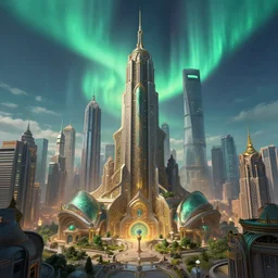 shanghai metropolis, epic scene, futuristic style, intricate, highly detailed, digital painting, artstation, concept art, smooth, sharp focus, illustration, arcane style, aurora borealis, unreal engine 5, 8 k, art by artgerm and greg rutkowski and alphonse mucha