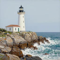 a painting of a lighthouse built on seashore rocky cliff with waves crashing into the rocks and sea birds flying on a starry night, in the style of benoit b. mandelbrot, digital art