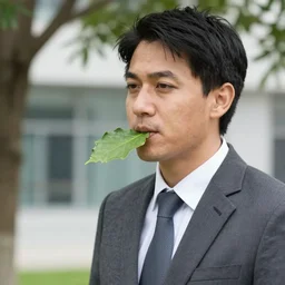a stock photo of a man in an office suit chewing the leaves on a tree. professional 4 k photo, close up, blurred background, shutterstock.
