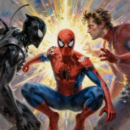 cory feldman as spider - man, unmasked, battle - damaged, facing off against hobgoblin, alex ross painting