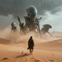 aliens arriving dune, film still from the movie directed by Denis Villeneuve with art direction, rain, wide angle, dust, detailed, 4K