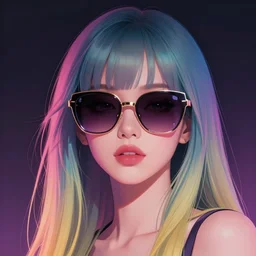 portrait art of an beautiful muted vaporwave ombre stylish retrofuturistic woman wearing oversized sleek euro sunglasses by ken kaneki 8 k ultra realistic, atmosphere, glow, shaded, full of colour, cinematic lighting, trending on artstation, 4 k, focused, extreme details, vector, by patrick nagel, bold clean lines