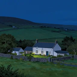 beautiful illustration of a small homestead in rural Ireland at night